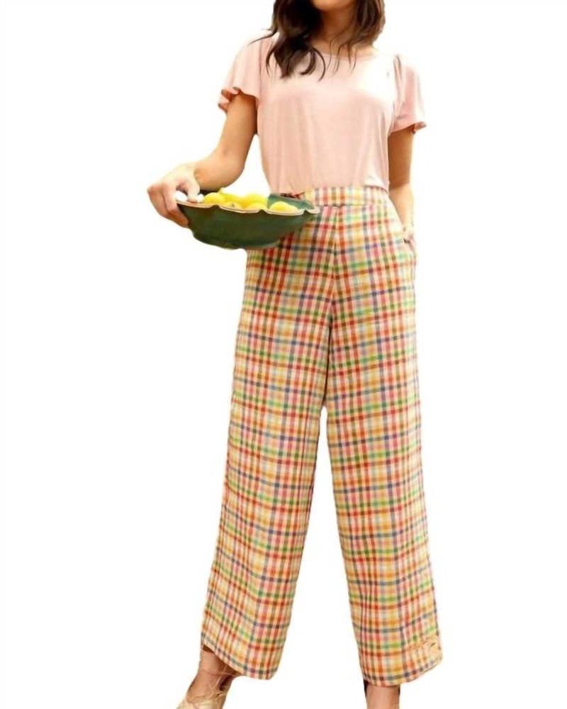 Front of a model wearing a size 10 Linen Plaid Pants In Multi in Multi by EVA FRANCO. | dia_product_style_image_id:359614